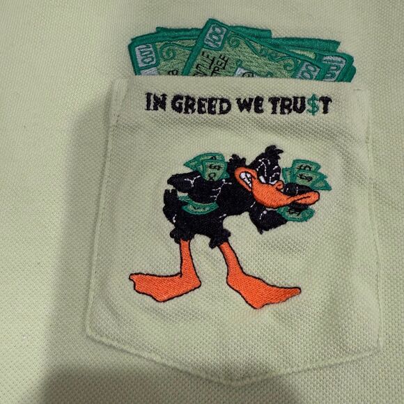 Vintage Warner Bros Studio Daffy Duck “In Greed We Trust” embroidered Shirt Sz M - Picture 3 of 7